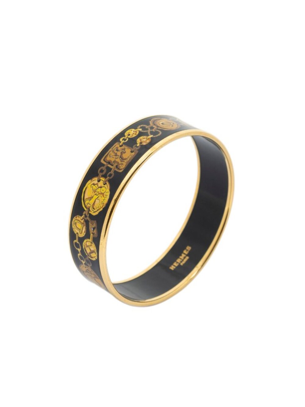 Hermes Enamel Bangle Black Gold Chain Motif Bracelet